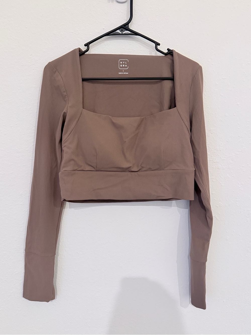 NYLORA Taupe Square-Neck Ribbed Long-Sleeve Crop Top